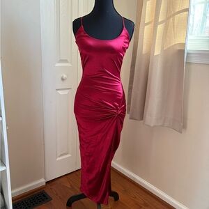 Satin Twist-Detail Spaghetti Strap Dress in Wine Red